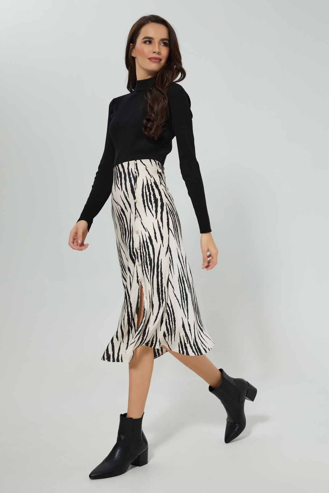 Women Black And Cream Printed Satin Skirt