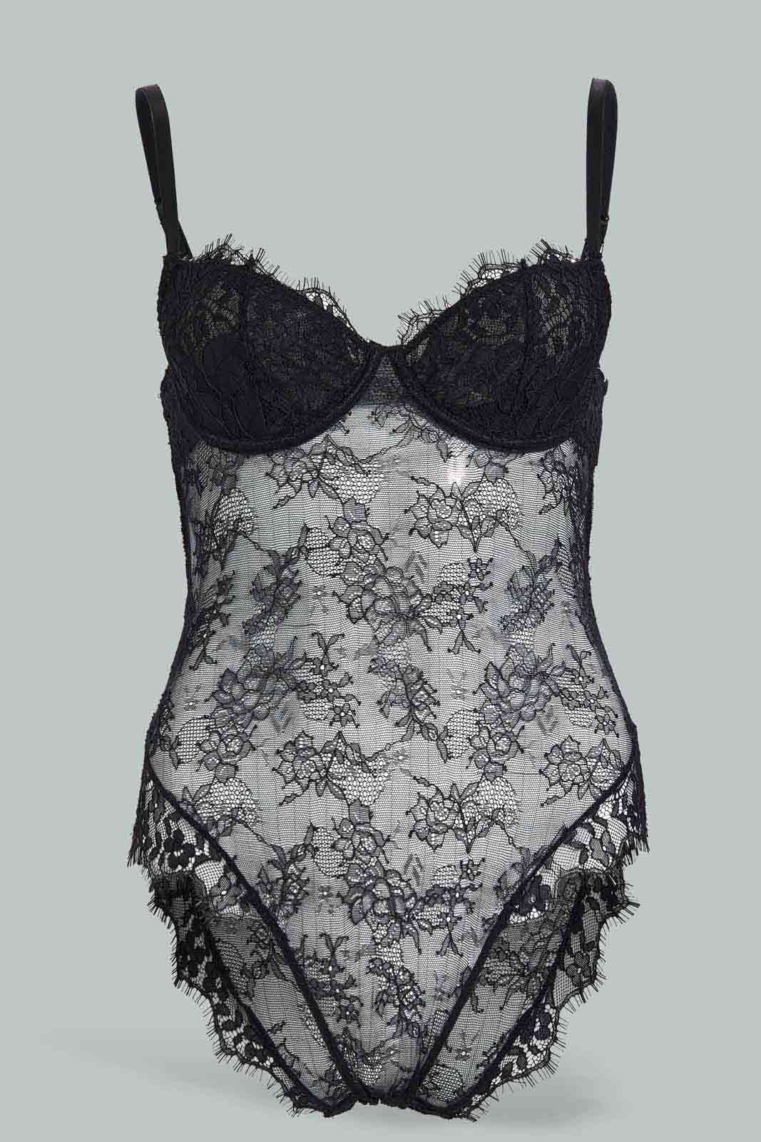 Redtag-Black-Lace-Bodysuit-Non-Padded-Category:Babydolls,-Colour:Black,-Deals:New-In,-Dept:Ladieswear,-Filter:Women's-Clothing,-New-In-Women-APL,-Non-Sale,-Section:Women,-W22B,-Women-Babydolls--