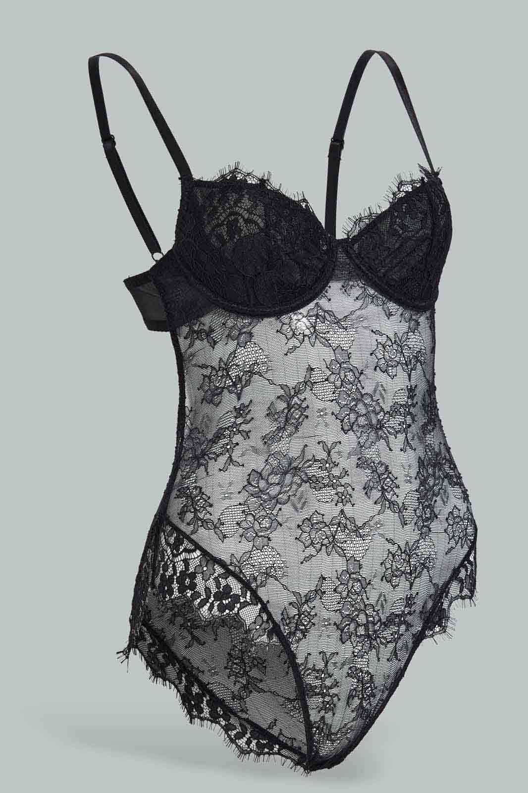 Redtag-Black-Lace-Bodysuit-Non-Padded-Category:Babydolls,-Colour:Black,-Deals:New-In,-Dept:Ladieswear,-Filter:Women's-Clothing,-New-In-Women-APL,-Non-Sale,-Section:Women,-W22B,-Women-Babydolls--
