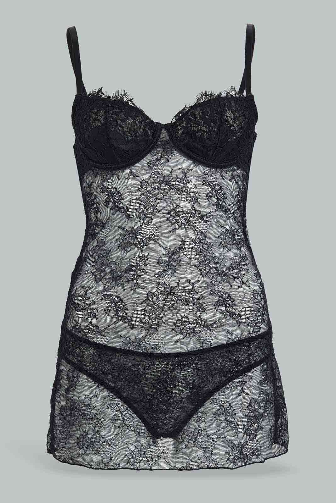 Redtag-Black-Lace-Babydoll-Non-Padded-Category:Babydolls,-Colour:Black,-Deals:New-In,-Dept:Ladieswear,-Filter:Women's-Clothing,-New-In-Women-APL,-Non-Sale,-Section:Women,-W22B,-Women-Babydolls--