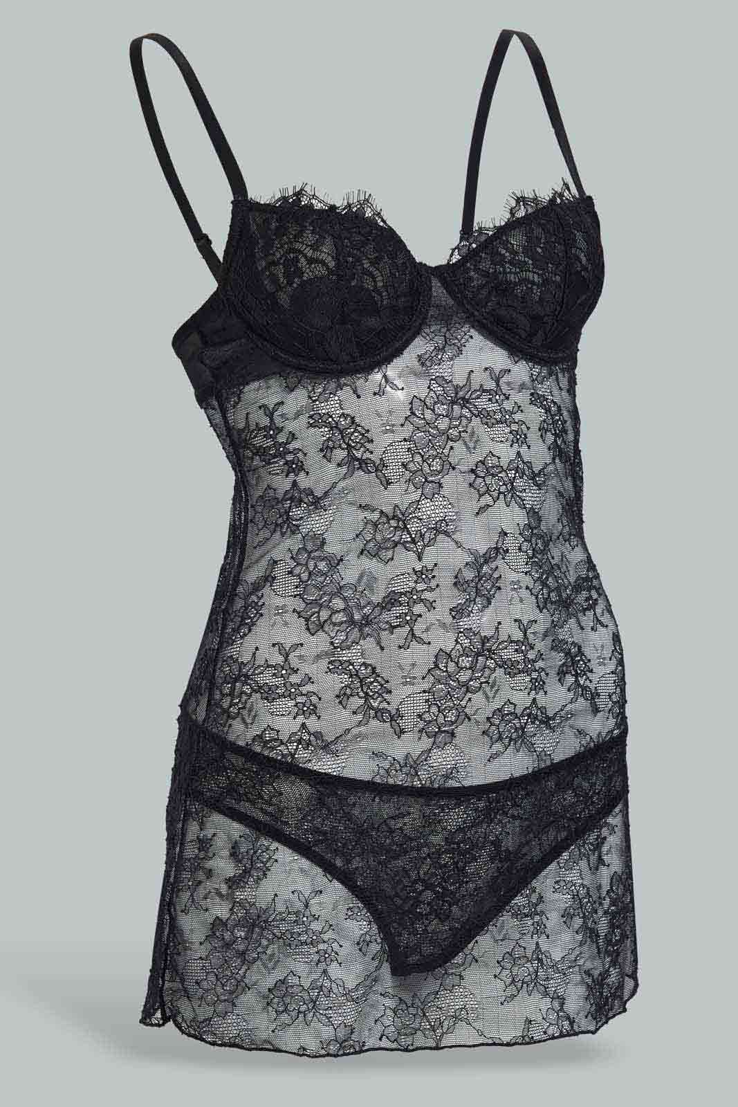 Redtag-Black-Lace-Babydoll-Non-Padded-Category:Babydolls,-Colour:Black,-Deals:New-In,-Dept:Ladieswear,-Filter:Women's-Clothing,-New-In-Women-APL,-Non-Sale,-Section:Women,-W22B,-Women-Babydolls--