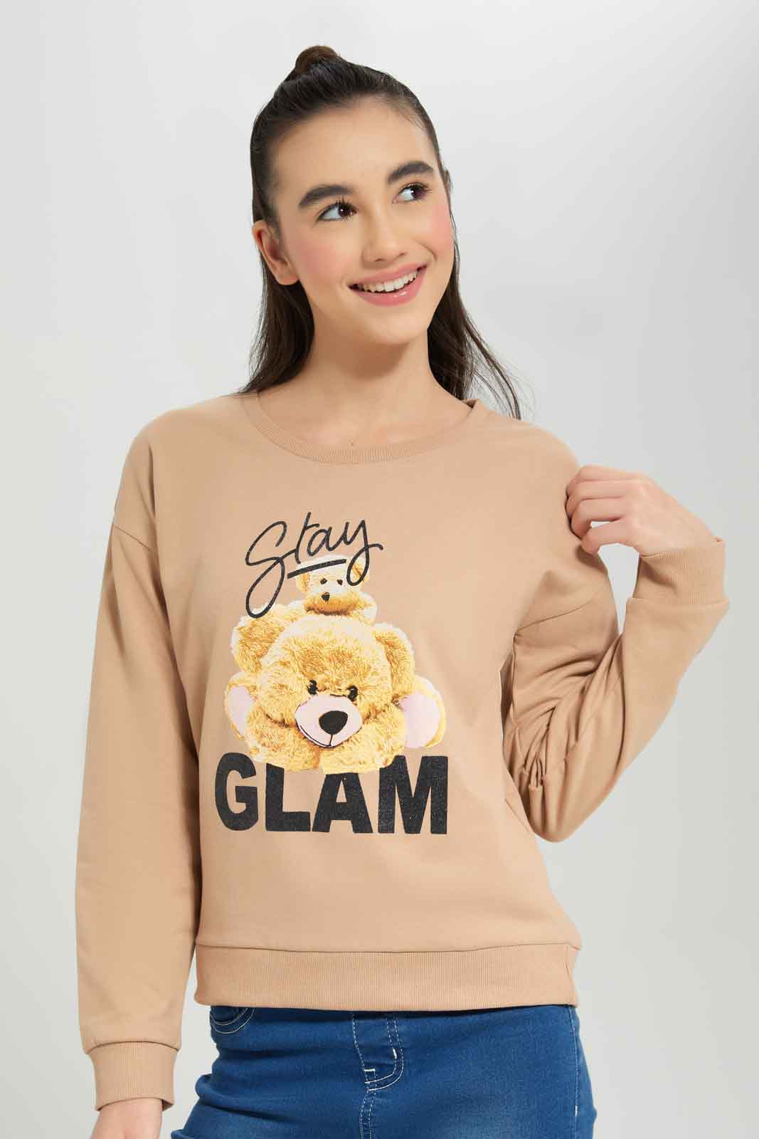 Redtag-Beige-Teddy-Bear-Crewneck-Embellished-Category:Sweatshirts,-Colour:Beige,-Deals:New-In,-Dept:Girls,-Filter:Senior-Girls-(8-to-14-Yrs),-GSR-Sweatshirts,-New-In-GSR-APL,-Non-Sale,-Section:Girls-(0-to-14Yrs),-W22B-Senior-Girls-9 to 14 Years
