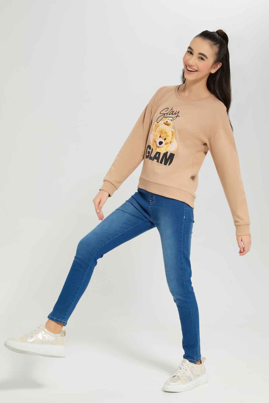 Redtag-Beige-Teddy-Bear-Crewneck-Embellished-Category:Sweatshirts,-Colour:Beige,-Deals:New-In,-Dept:Girls,-Filter:Senior-Girls-(8-to-14-Yrs),-GSR-Sweatshirts,-New-In-GSR-APL,-Non-Sale,-Section:Girls-(0-to-14Yrs),-W22B-Senior-Girls-9 to 14 Years