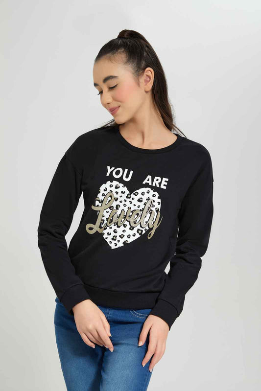Redtag-Black-Crewneck-Embellished-Category:Sweatshirts,-Colour:Black,-Deals:New-In,-Dept:Girls,-Filter:Senior-Girls-(8-to-14-Yrs),-GSR-Sweatshirts,-New-In-GSR-APL,-Non-Sale,-Section:Girls-(0-to-14Yrs),-W22B-Senior-Girls-9 to 14 Years