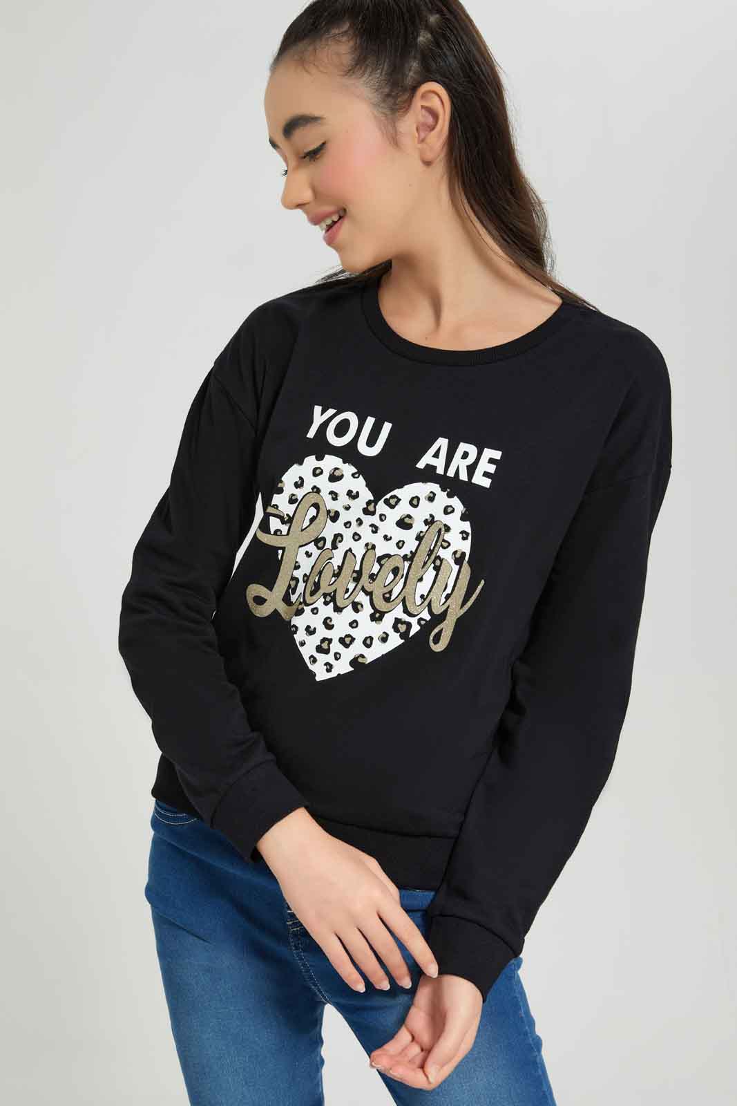 Redtag-Black-Crewneck-Embellished-Category:Sweatshirts,-Colour:Black,-Deals:New-In,-Dept:Girls,-Filter:Senior-Girls-(8-to-14-Yrs),-GSR-Sweatshirts,-New-In-GSR-APL,-Non-Sale,-Section:Girls-(0-to-14Yrs),-W22B-Senior-Girls-9 to 14 Years