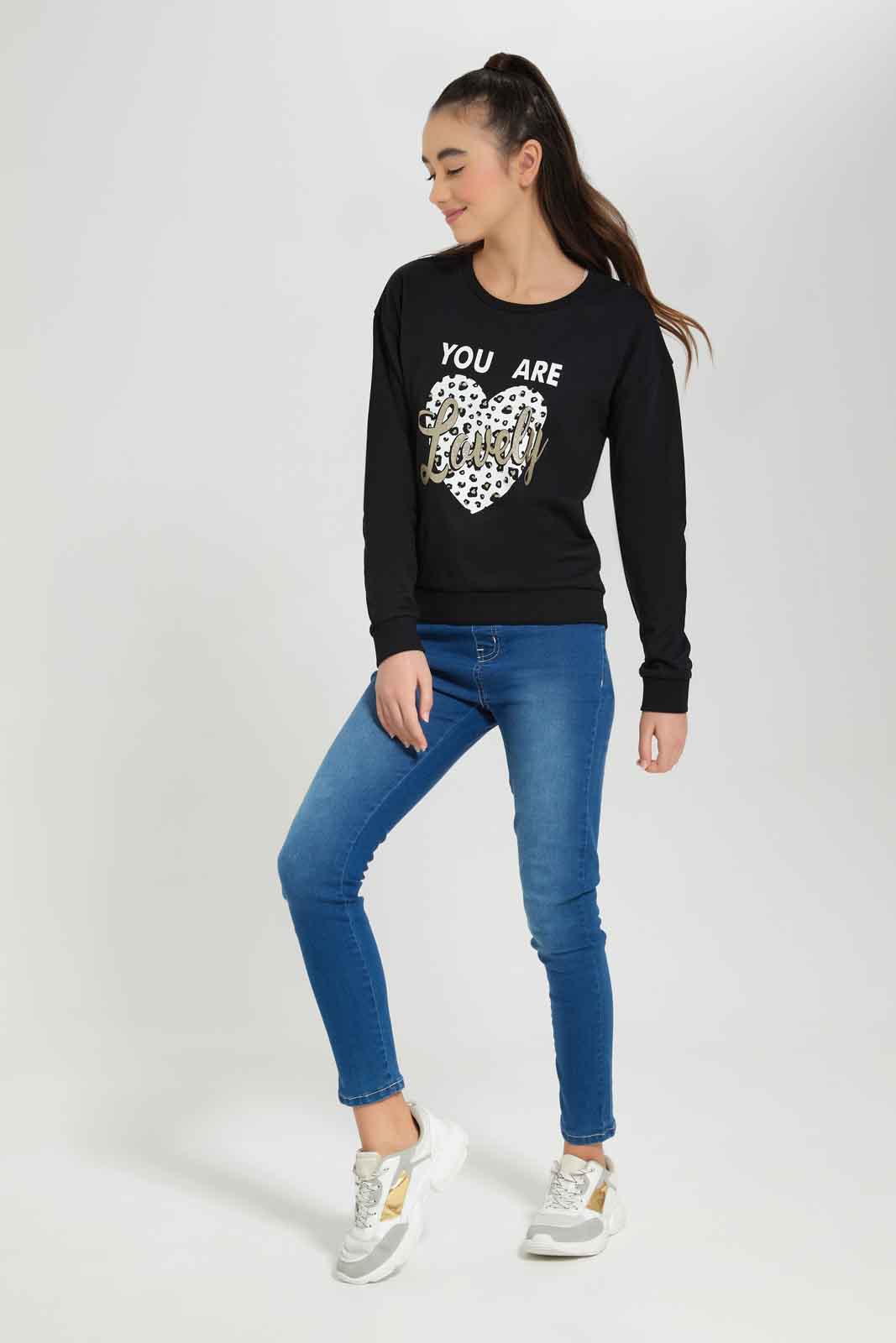 Redtag-Black-Crewneck-Embellished-Category:Sweatshirts,-Colour:Black,-Deals:New-In,-Dept:Girls,-Filter:Senior-Girls-(8-to-14-Yrs),-GSR-Sweatshirts,-New-In-GSR-APL,-Non-Sale,-Section:Girls-(0-to-14Yrs),-W22B-Senior-Girls-9 to 14 Years