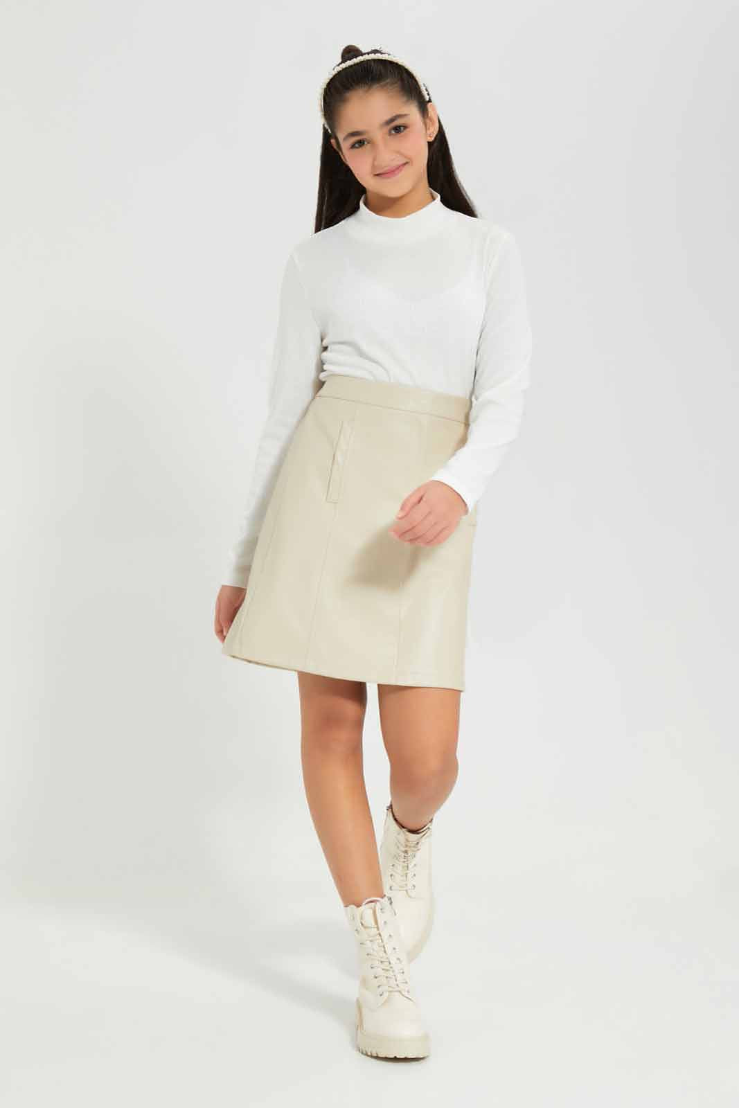 Redtag-Beige-Pu-Skirts-Category:Skirts,-Colour:Beige,-Deals:New-In,-Filter:Senior-Girls-(8-to-14-Yrs),-GSR-Skirts,-New-In-GSR-APL,-Non-Sale,-Section:Girls-(0-to-14Yrs),-W22B-Senior-Girls-9 to 14 Years