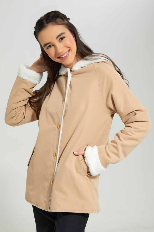 Redtag-Beige-Hoody-with-Fur-inside-Category:Jackets,-Colour:Beige,-Deals:New-In,-EHW,-Filter:Senior-Girls-(8-to-14-Yrs),-GSR-Jackets,-New-In-GSR-APL,-Non-Sale,-Section:Girls-(0-to-14Yrs),-W22B-Senior-Girls-9 to 14 Years