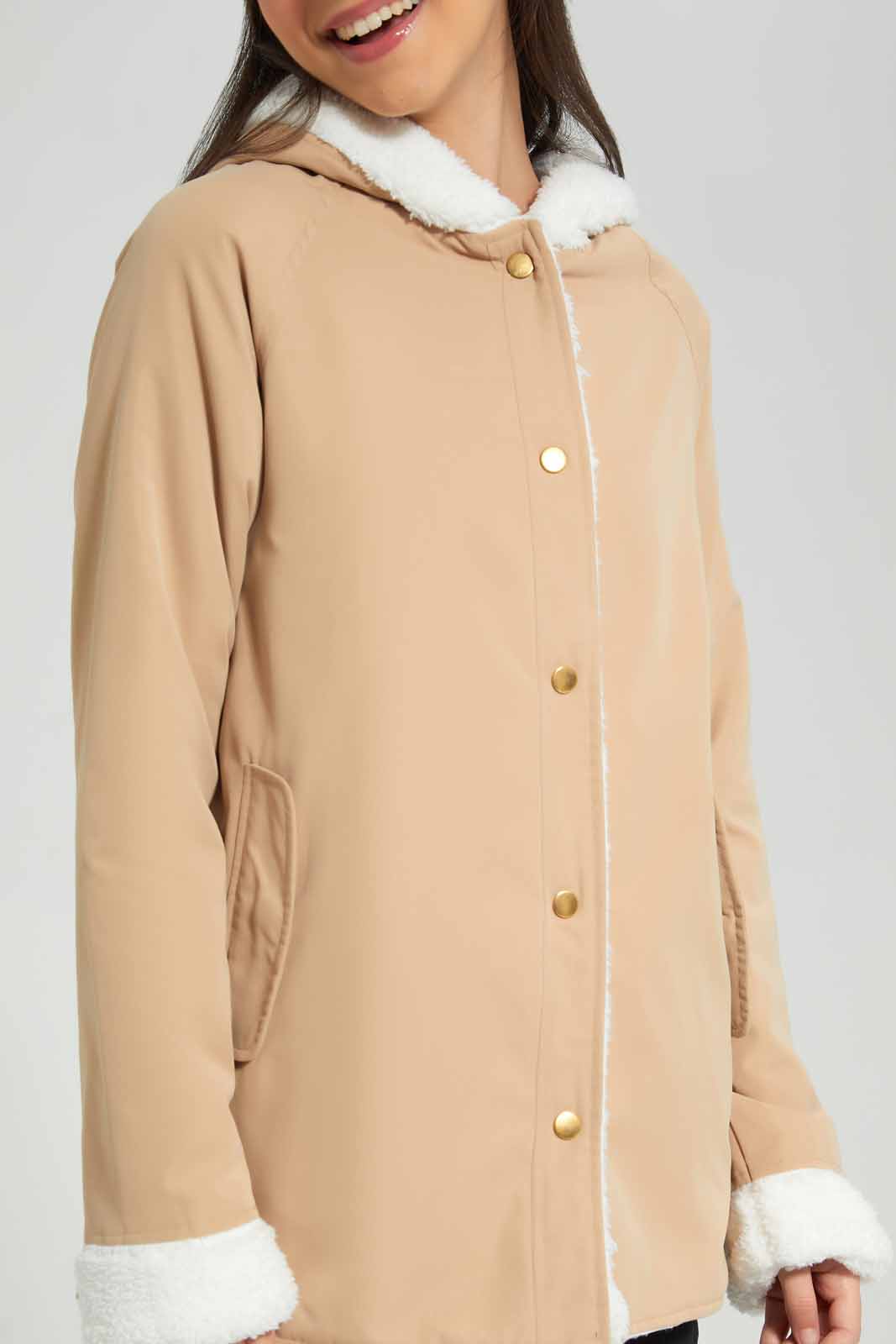 Redtag-Beige-Hoody-with-Fur-inside-Category:Jackets,-Colour:Beige,-Deals:New-In,-EHW,-Filter:Senior-Girls-(8-to-14-Yrs),-GSR-Jackets,-New-In-GSR-APL,-Non-Sale,-Section:Girls-(0-to-14Yrs),-W22B-Senior-Girls-9 to 14 Years