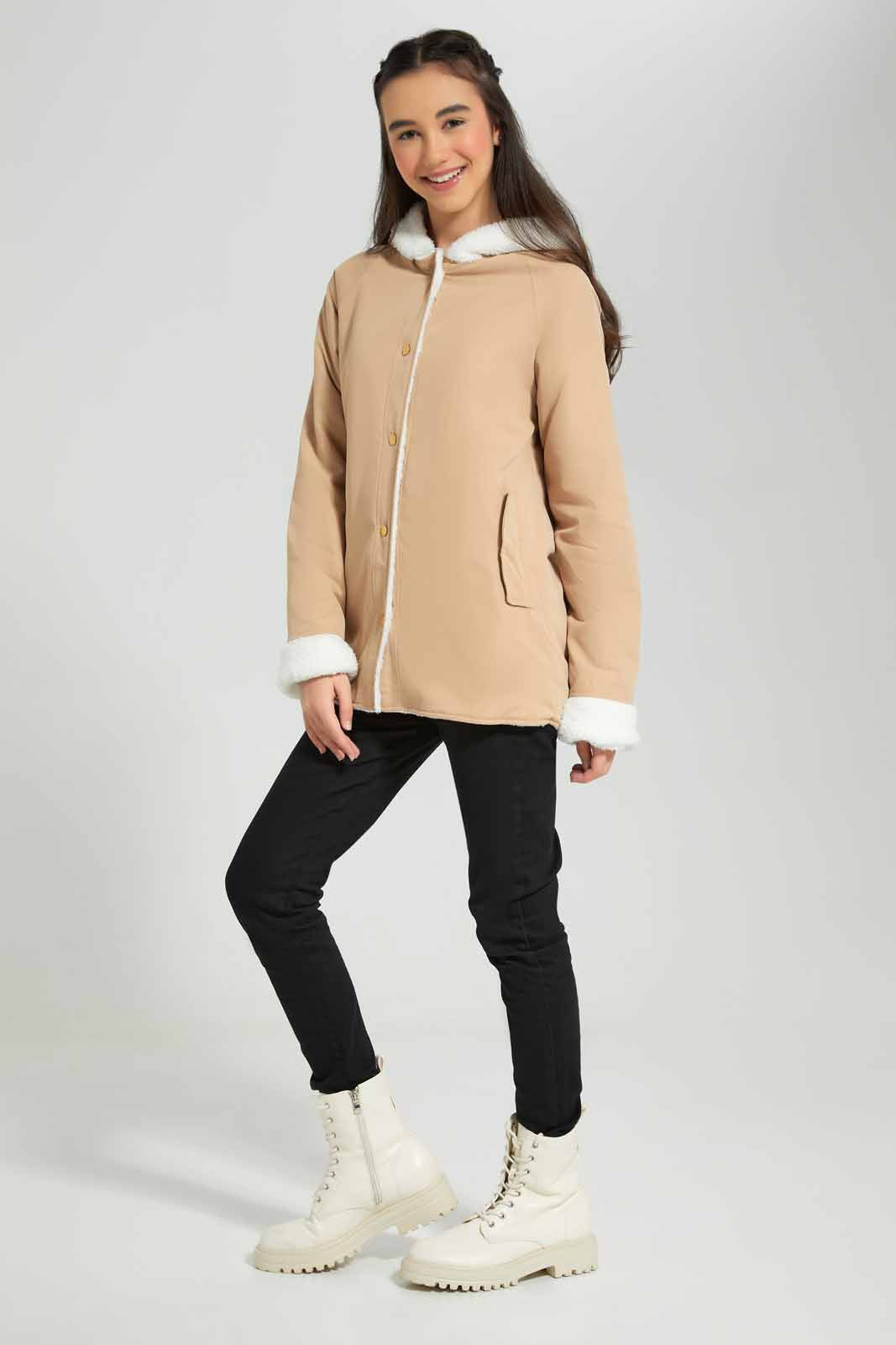 Redtag-Beige-Hoody-with-Fur-inside-Category:Jackets,-Colour:Beige,-Deals:New-In,-EHW,-Filter:Senior-Girls-(8-to-14-Yrs),-GSR-Jackets,-New-In-GSR-APL,-Non-Sale,-Section:Girls-(0-to-14Yrs),-W22B-Senior-Girls-9 to 14 Years