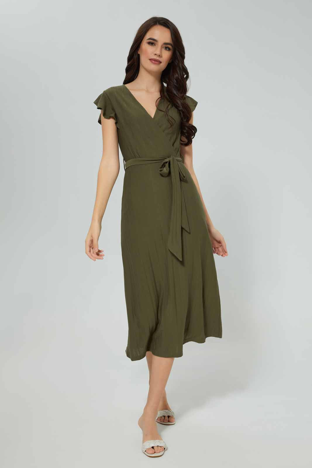 Redtag-Olive-Ruffle-Sleeve-Textured-Maxi-Category:Dresses,-Colour:Olive,-Deals:New-In,-Filter:Women's-Clothing,-New-In-Women-APL,-Non-Sale,-Section:Women,-W22B,-Women-Dresses-Women's-