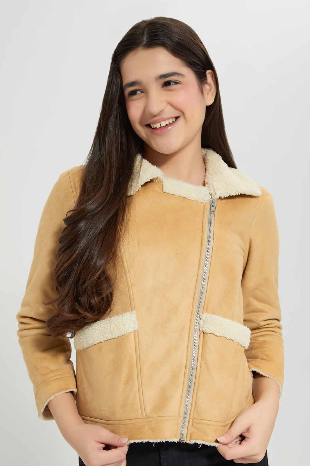 Redtag-Beige-Suede-Jacket-Category:Jackets,-Colour:Beige,-Deals:New-In,-EHW,-Filter:Senior-Girls-(8-to-14-Yrs),-GSR-Jackets,-New-In-GSR-APL,-Non-Sale,-Section:Girls-(0-to-14Yrs),-W22B-Senior-Girls-9 to 14 Years