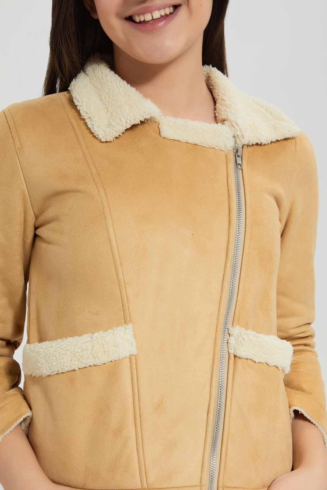 Redtag-Beige-Suede-Jacket-Category:Jackets,-Colour:Beige,-Deals:New-In,-EHW,-Filter:Senior-Girls-(8-to-14-Yrs),-GSR-Jackets,-New-In-GSR-APL,-Non-Sale,-Section:Girls-(0-to-14Yrs),-W22B-Senior-Girls-9 to 14 Years