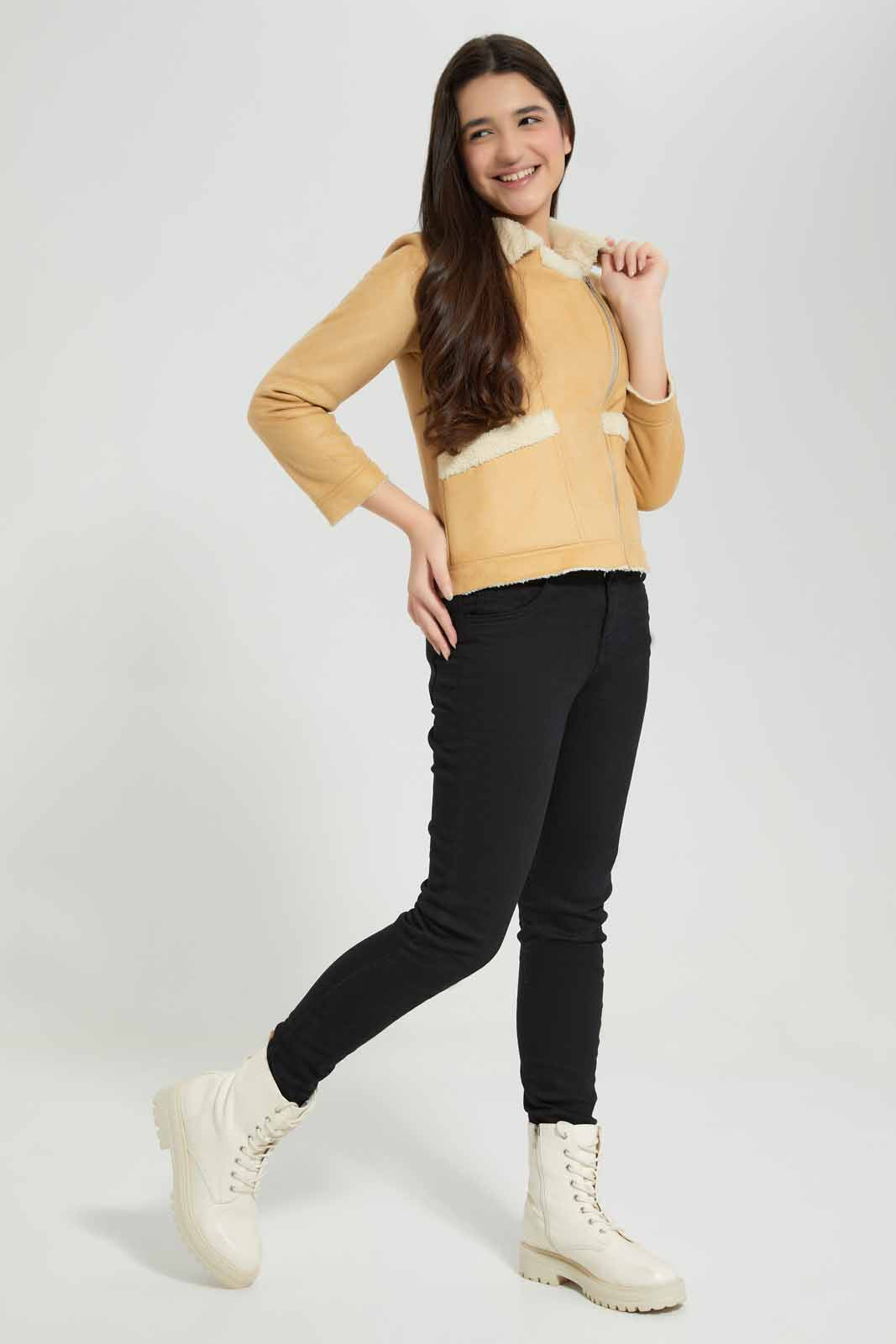 Redtag-Beige-Suede-Jacket-Category:Jackets,-Colour:Beige,-Deals:New-In,-EHW,-Filter:Senior-Girls-(8-to-14-Yrs),-GSR-Jackets,-New-In-GSR-APL,-Non-Sale,-Section:Girls-(0-to-14Yrs),-W22B-Senior-Girls-9 to 14 Years