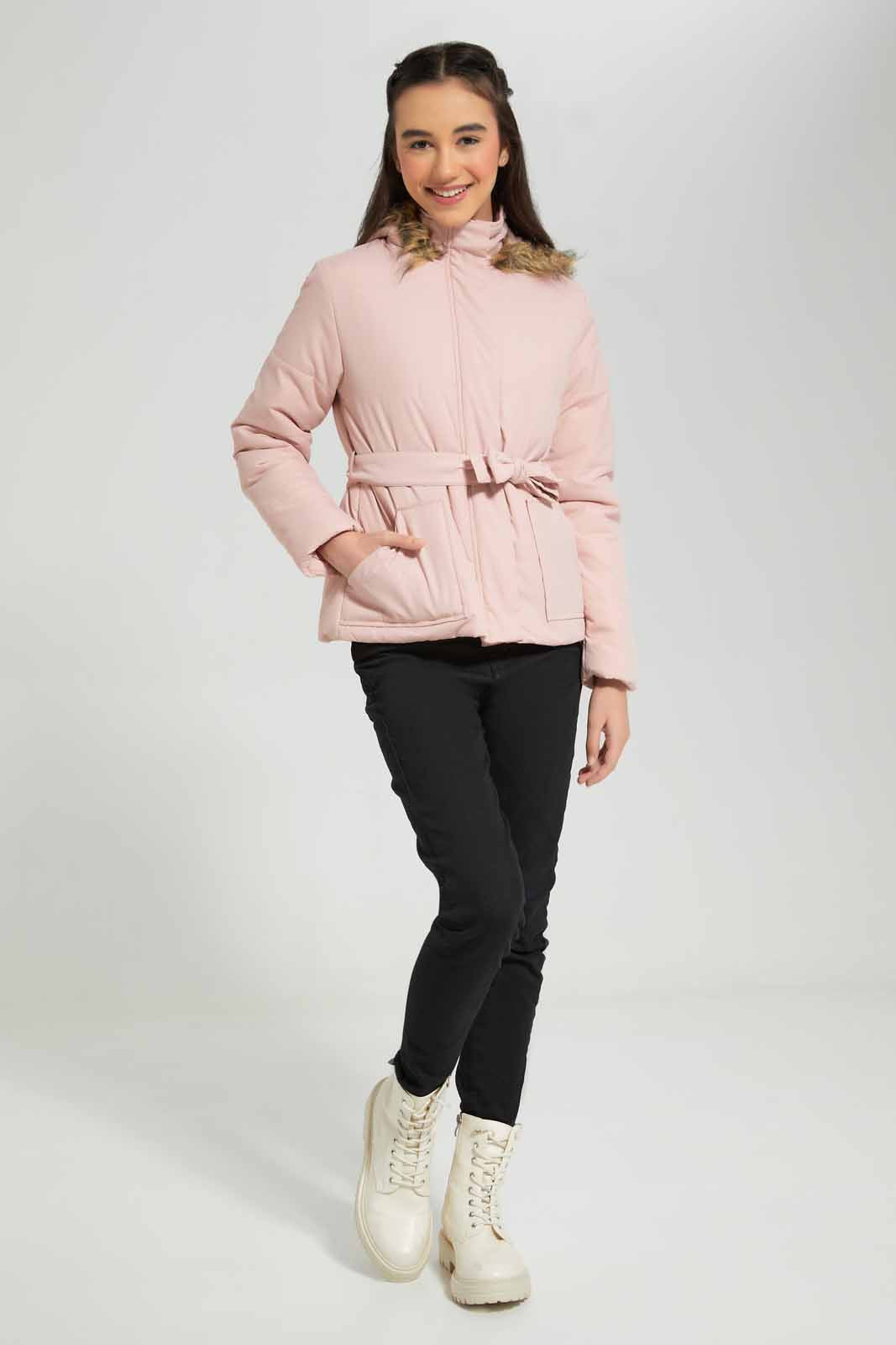 Redtag-Pink-Padded-Jacket-with-Fur-Category:Jackets,-Colour:Apricot,-Deals:New-In,-EHW,-Filter:Senior-Girls-(8-to-14-Yrs),-GSR-Jackets,-New-In-GSR-APL,-Non-Sale,-Section:Girls-(0-to-14Yrs),-W22B-Senior-Girls-9 to 14 Years