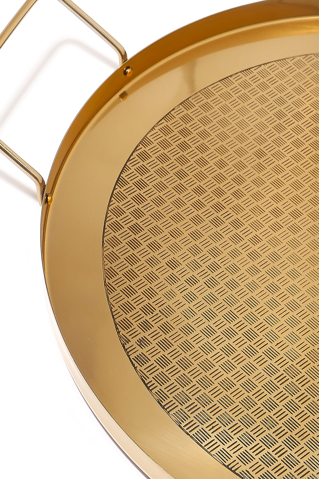 Redtag-Gold-Metal-Round-Etched-Tray-Category:Trays,-Colour:Gold,-Deals:New-In,-Dept:Home,-Filter:Home-Dining,-HMW-DIN-Serveware,-New-In-HMW-DIN,-Non-Sale,-Section:Homewares,-W22B-Home-Dining-