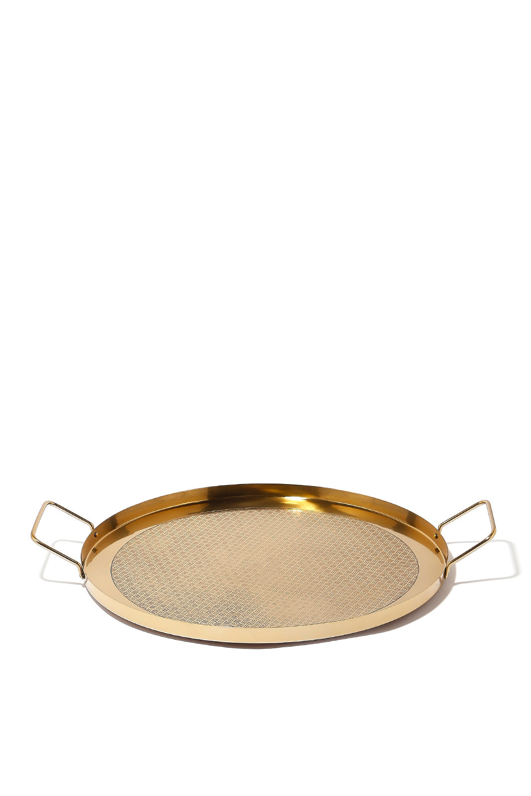 Redtag-Gold-Metal-Round-Etched-Tray-Category:Trays,-Colour:Gold,-Deals:New-In,-Dept:Home,-Filter:Home-Dining,-HMW-DIN-Serveware,-New-In-HMW-DIN,-Non-Sale,-Section:Homewares,-W22B-Home-Dining-