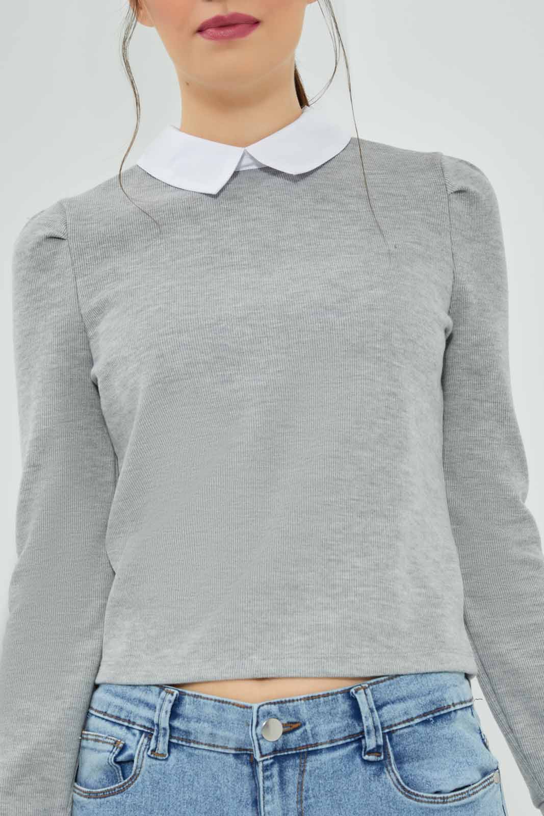 Redtag-Mid-Grey-Woven-Collar-Jersey-Top-Category:Tops,-Colour:Grey,-Deals:New-In,-Filter:Women's-Clothing,-New-In-Women-APL,-Non-Sale,-Section:Women,-W22B,-Women-Tops-Women's-