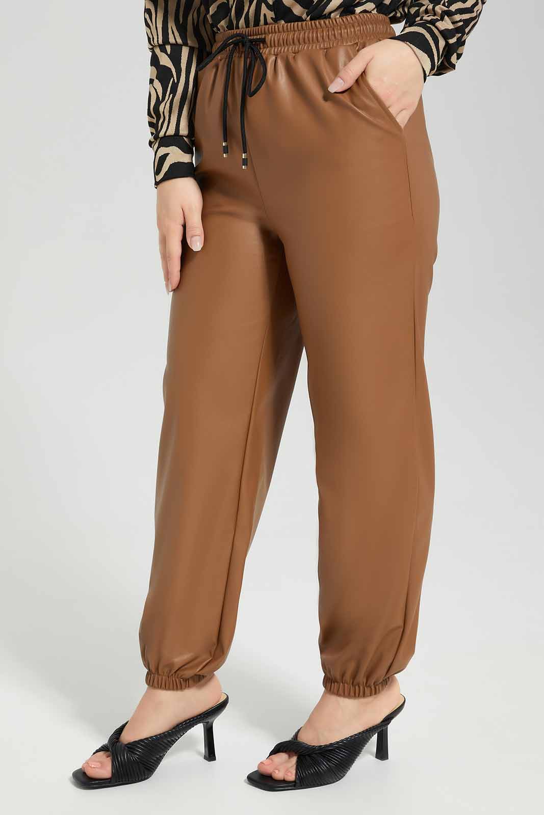 Redtag-Tan-PU-Elasticated-Waist-Jogger-Category:Trousers,-Colour:Tan,-Deals:New-In,-Filter:Women's-Clothing,-LMC,-Modest,-New-In-Women-APL,-Non-Sale,-Section:Women,-W22B,-Women-Trousers--