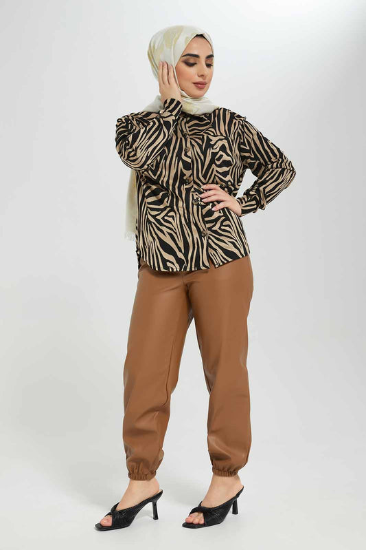 Redtag-Tan-PU-Elasticated-Waist-Jogger-Category:Trousers,-Colour:Tan,-Deals:New-In,-Filter:Women's-Clothing,-LMC,-Modest,-New-In-Women-APL,-Non-Sale,-Section:Women,-W22B,-Women-Trousers--