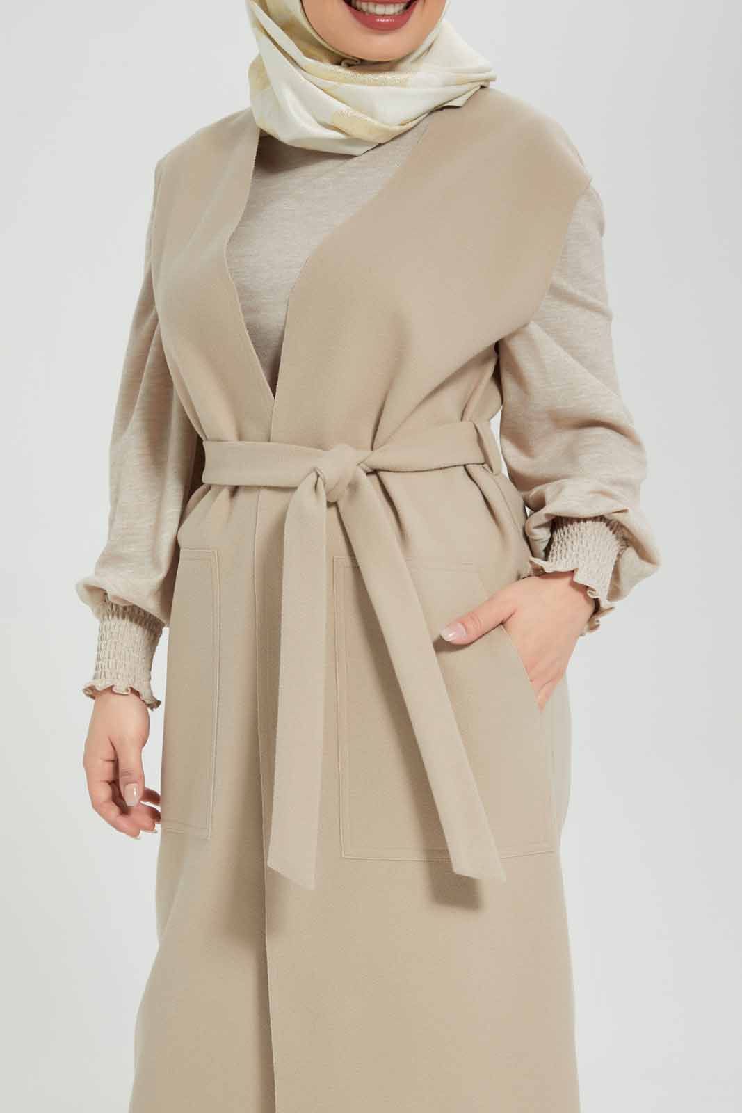 Redtag-Oatmeal-Belted-Long-Length-Cardigan-Category:Cardigans,-Colour:Beige,-Deals:New-In,-Filter:Women's-Clothing,-LMC,-Modest,-New-In-Women-APL,-Non-Sale,-Section:Women,-W22B,-Women-Cardigans--
