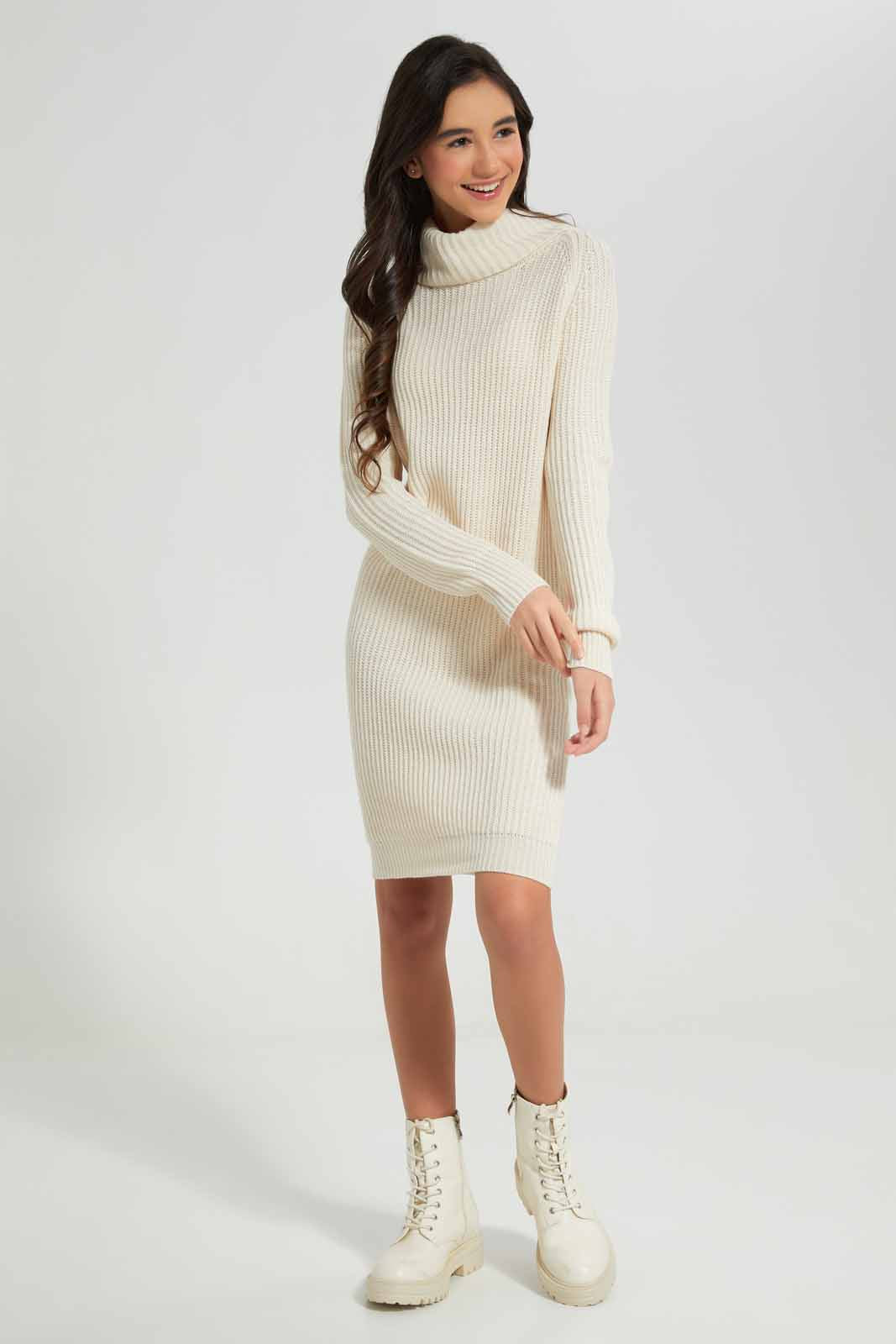 Redtag-Cream-Turtle-Neck-Sweater-Dress-Category:Dresses,-Colour:White,-Deals:New-In,-Filter:Senior-Girls-(8-to-14-Yrs),-GSR-Dresses,-New-In-GSR-APL,-Non-Sale,-Section:Girls-(0-to-14Yrs),-W22B-Senior-Girls-9 to 14 Years