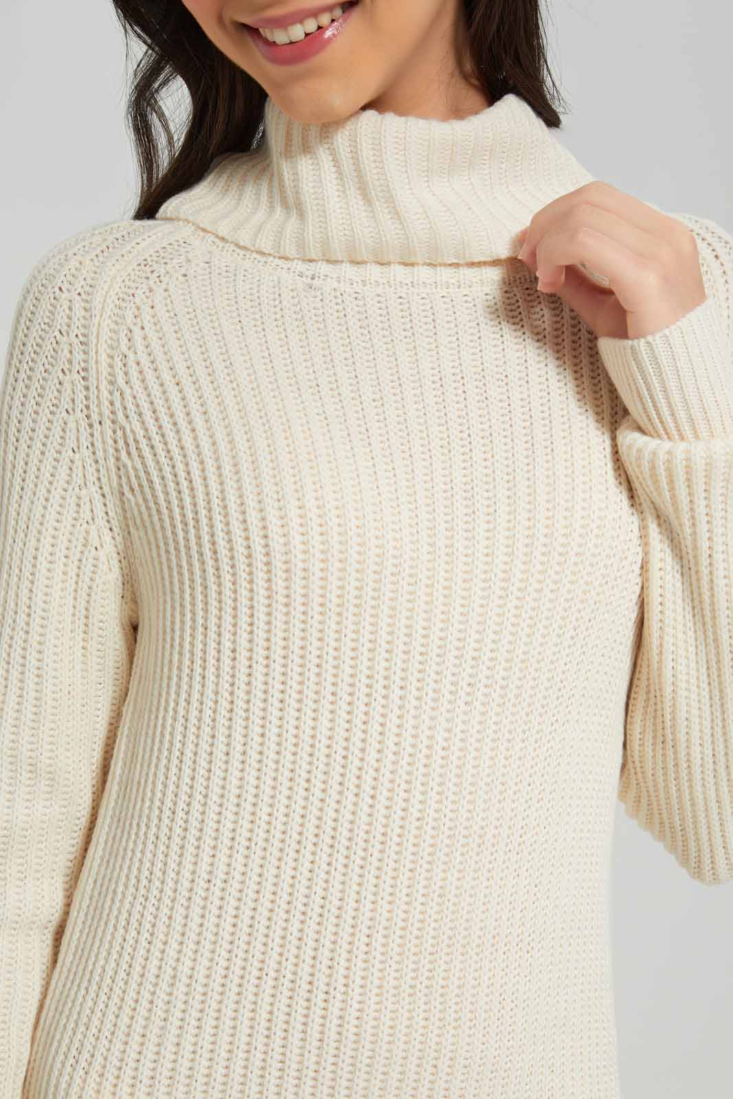 Redtag-Cream-Turtle-Neck-Sweater-Dress-Category:Dresses,-Colour:White,-Deals:New-In,-Filter:Senior-Girls-(8-to-14-Yrs),-GSR-Dresses,-New-In-GSR-APL,-Non-Sale,-Section:Girls-(0-to-14Yrs),-W22B-Senior-Girls-9 to 14 Years