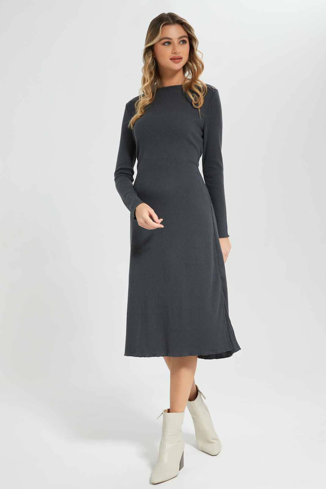 Redtag-Mid-Grey-Marl-Front-Waist-Knot-Rib-Dress-Category:Dresses,-Colour:Grey,-Deals:New-In,-Filter:Women's-Clothing,-New-In-Women-APL,-Non-Sale,-Section:Women,-W22B,-Women-Dresses-Women's-