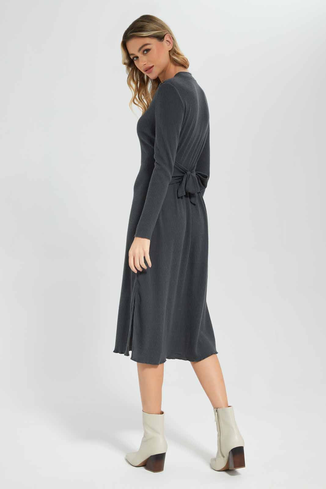 Redtag-Mid-Grey-Marl-Front-Waist-Knot-Rib-Dress-Category:Dresses,-Colour:Grey,-Deals:New-In,-Filter:Women's-Clothing,-New-In-Women-APL,-Non-Sale,-Section:Women,-W22B,-Women-Dresses-Women's-