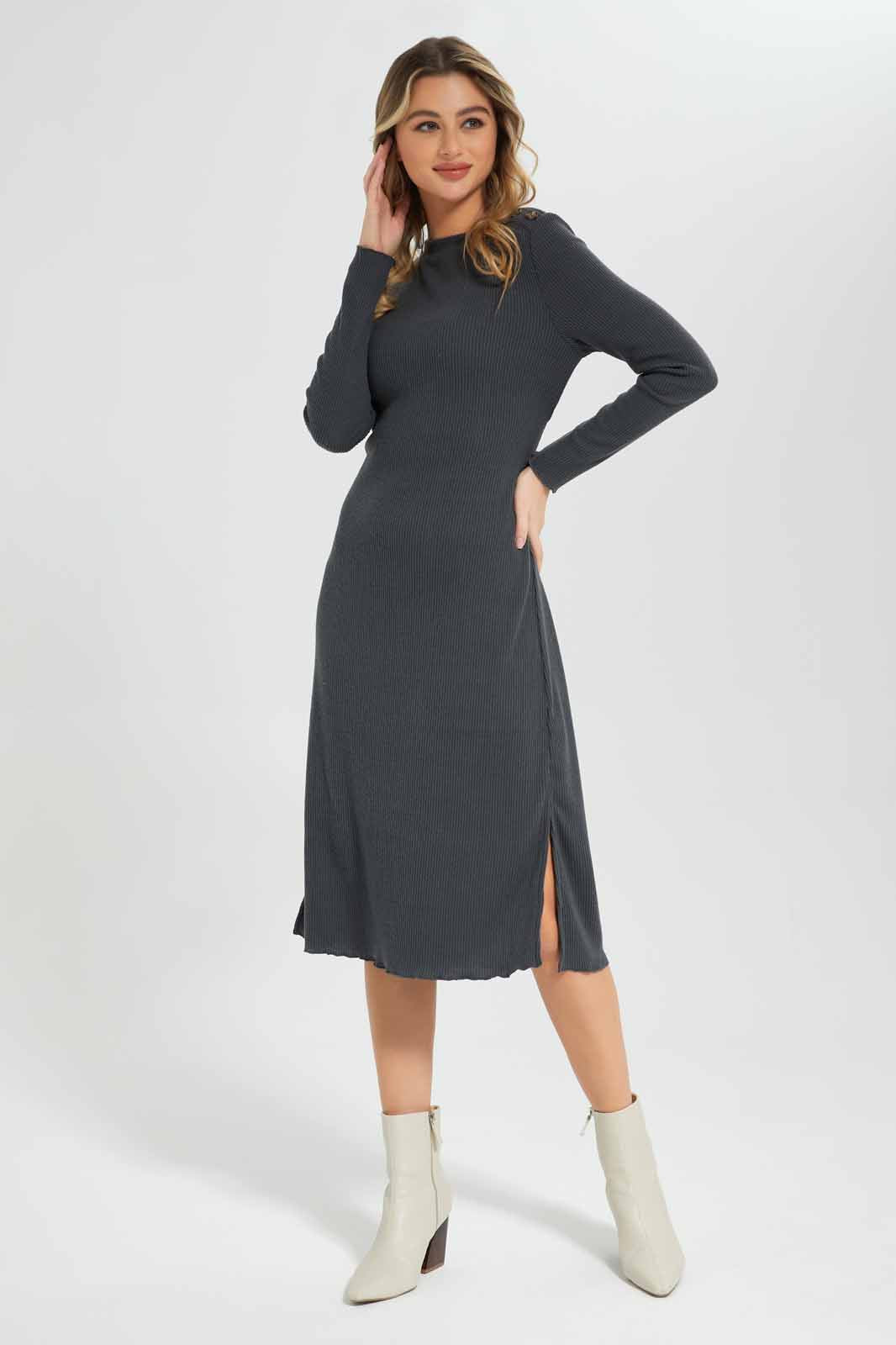 Redtag-Mid-Grey-Marl-Front-Waist-Knot-Rib-Dress-Category:Dresses,-Colour:Grey,-Deals:New-In,-Filter:Women's-Clothing,-New-In-Women-APL,-Non-Sale,-Section:Women,-W22B,-Women-Dresses-Women's-