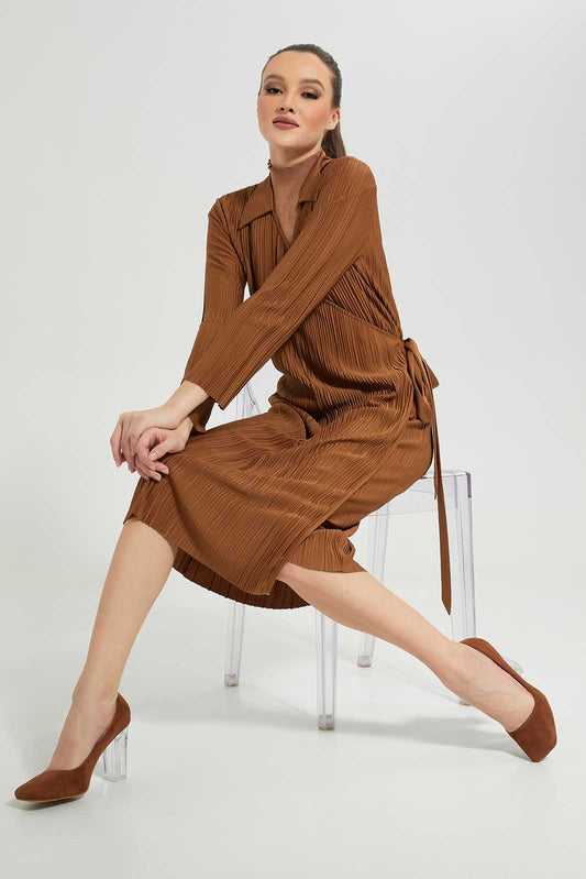 Redtag-Sand-Pleated-Wrap-Dress-Category:Dresses,-Colour:Sand,-Deals:New-In,-Dept:Ladieswear,-Filter:Women's-Clothing,-LDC,-LDC-Dresses,-New-In-LDC-APL,-Non-Sale,-Section:Women,-W22B-Women's-