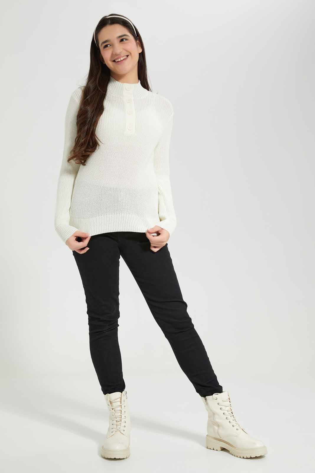 Redtag-White-Front-Placket-Pullover-Category:Pullovers,-Colour:White,-Deals:New-In,-Filter:Senior-Girls-(8-to-14-Yrs),-GSR-Pullovers,-New-In-GSR-APL,-Non-Sale,-Section:Girls-(0-to-14Yrs),-W22B-Senior-Girls-9 to 14 Years