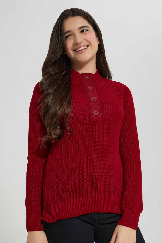 Redtag-Burgundy-Front-Placket-Pullover-Category:Pullovers,-Colour:Burgundy,-Deals:New-In,-Filter:Senior-Girls-(8-to-14-Yrs),-GSR-Pullovers,-New-In-GSR-APL,-Non-Sale,-Section:Girls-(0-to-14Yrs),-W22B-Senior-Girls-9 to 14 Years