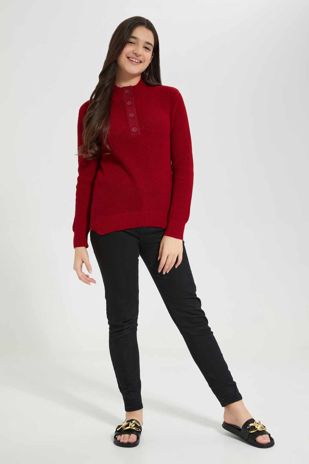 Redtag-Burgundy-Front-Placket-Pullover-Category:Pullovers,-Colour:Burgundy,-Deals:New-In,-Filter:Senior-Girls-(8-to-14-Yrs),-GSR-Pullovers,-New-In-GSR-APL,-Non-Sale,-Section:Girls-(0-to-14Yrs),-W22B-Senior-Girls-9 to 14 Years