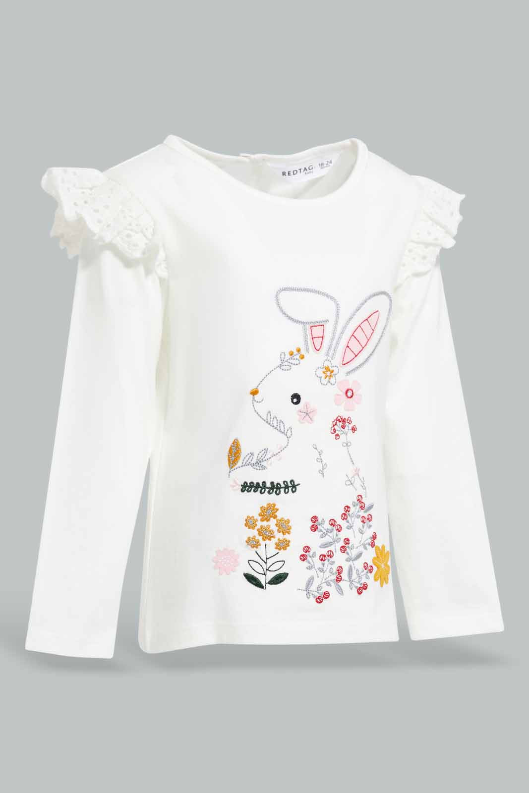 Redtag-White-Rabbit-Artwork-T-Shirt-Category:T-Shirts,-Colour:White,-Deals:New-In,-Filter:Infant-Girls-(3-to-24-Mths),-ING-T-Shirts,-New-In-ING-APL,-Non-Sale,-Section:Girls-(0-to-14Yrs),-W22A-Infant-Girls-3 to 24 Months