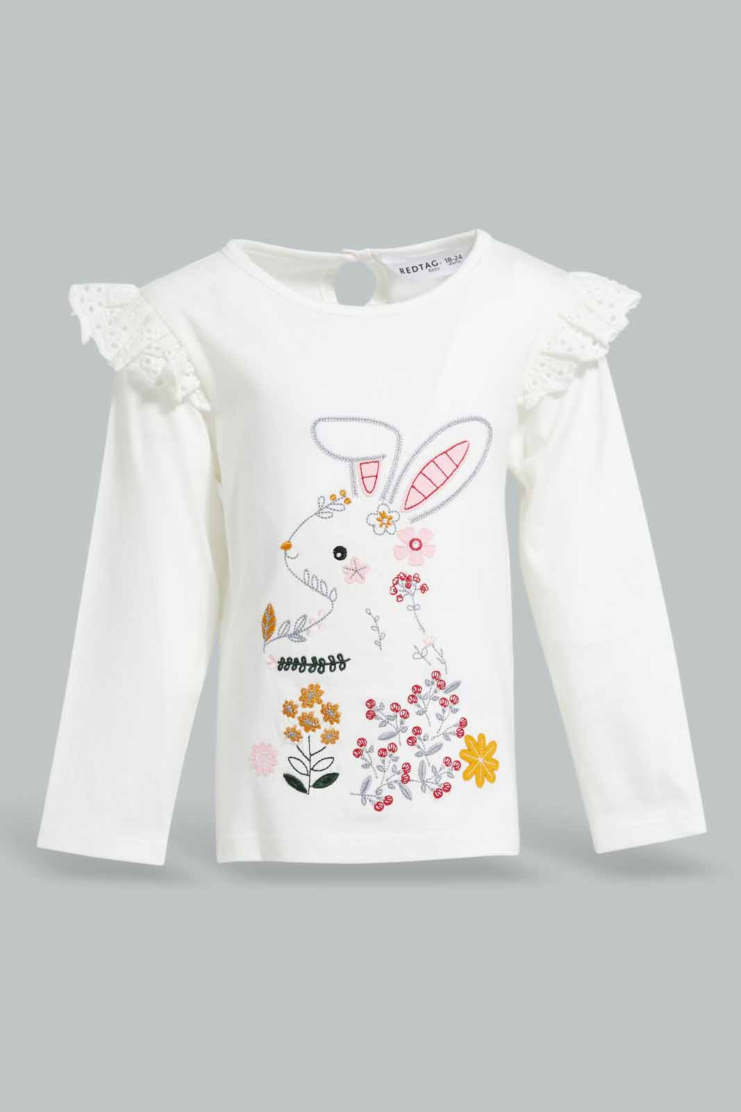 Redtag-White-Rabbit-Artwork-T-Shirt-Category:T-Shirts,-Colour:White,-Deals:New-In,-Filter:Infant-Girls-(3-to-24-Mths),-ING-T-Shirts,-New-In-ING-APL,-Non-Sale,-Section:Girls-(0-to-14Yrs),-W22A-Infant-Girls-3 to 24 Months