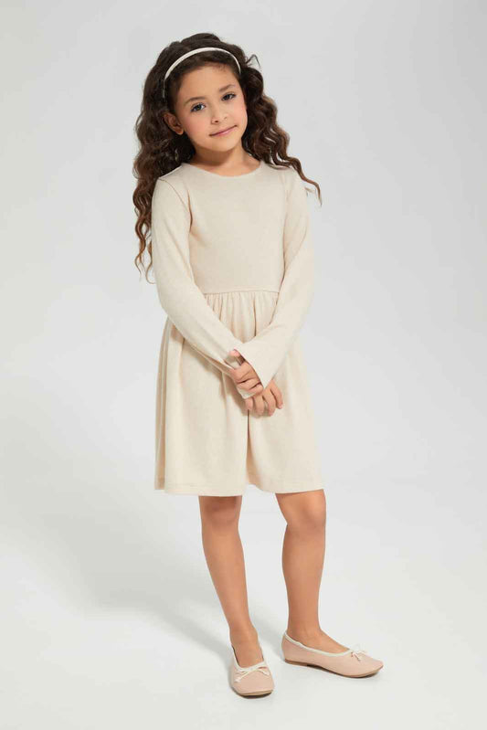 Redtag-Beige-Knitted-Long-Sleeve-Dress-Category:Dresses,-Colour:Beige,-Deals:New-In,-Dept:Girls,-Filter:Girls-(2-to-8-Yrs),-GIR-Dresses,-New-In-GIR-APL,-Non-Sale,-Section:Girls-(0-to-14Yrs),-W22B-Girls-2 to 8 Years