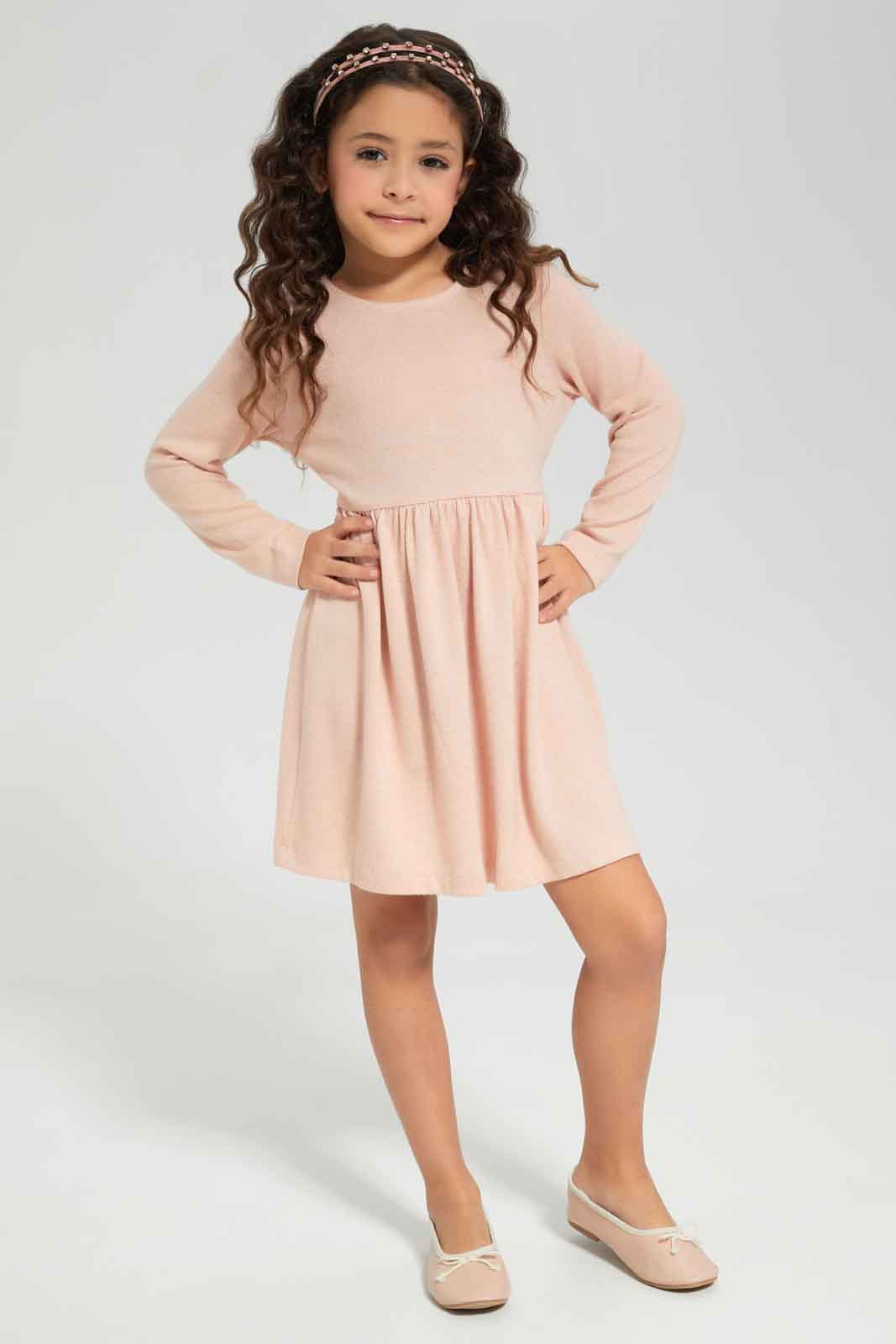 Redtag-Pink-Knitted-Long-Sleeve-Dress-Category:Dresses,-Colour:Apricot,-Deals:New-In,-Dept:Girls,-Filter:Girls-(2-to-8-Yrs),-GIR-Dresses,-New-In-GIR-APL,-Non-Sale,-Section:Girls-(0-to-14Yrs),-W22B-Girls-2 to 8 Years