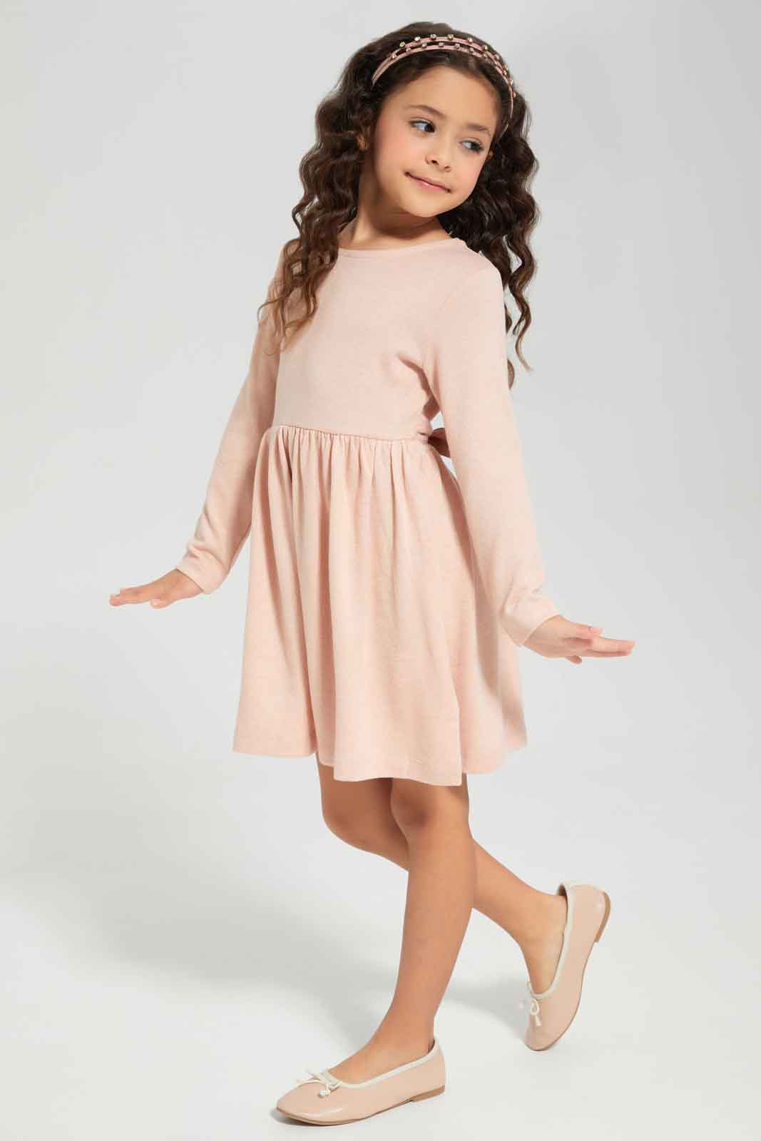 Redtag-Pink-Knitted-Long-Sleeve-Dress-Category:Dresses,-Colour:Apricot,-Deals:New-In,-Dept:Girls,-Filter:Girls-(2-to-8-Yrs),-GIR-Dresses,-New-In-GIR-APL,-Non-Sale,-Section:Girls-(0-to-14Yrs),-W22B-Girls-2 to 8 Years