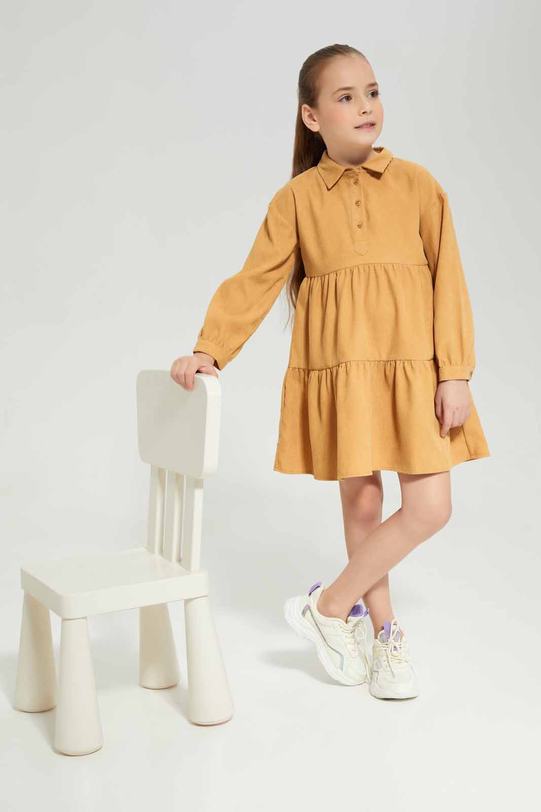 Redtag-Mustard-Long-Sleeve-Cord-Maxi-Dress-Category:Dresses,-Colour:Mustard,-Deals:New-In,-Dept:Girls,-Filter:Girls-(2-to-8-Yrs),-GIR-Dresses,-New-In-GIR-APL,-Non-Sale,-Section:Girls-(0-to-14Yrs),-W22B-Girls-2 to 8 Years