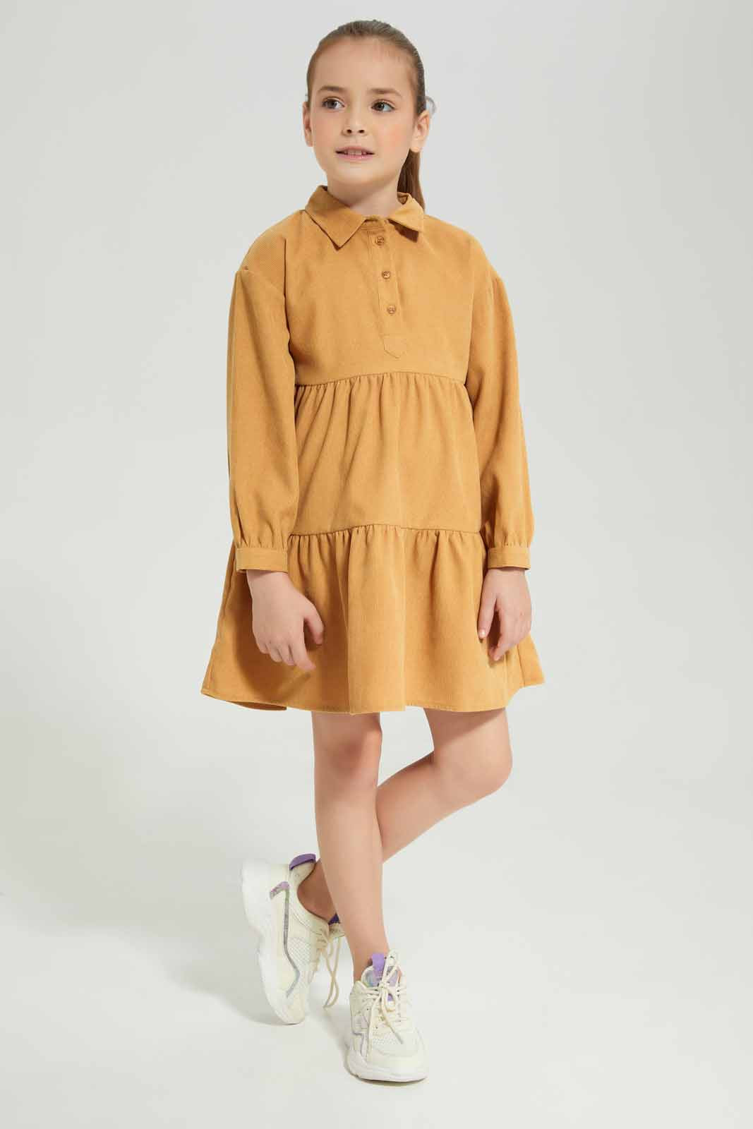 Redtag-Mustard-Long-Sleeve-Cord-Maxi-Dress-Category:Dresses,-Colour:Mustard,-Deals:New-In,-Dept:Girls,-Filter:Girls-(2-to-8-Yrs),-GIR-Dresses,-New-In-GIR-APL,-Non-Sale,-Section:Girls-(0-to-14Yrs),-W22B-Girls-2 to 8 Years