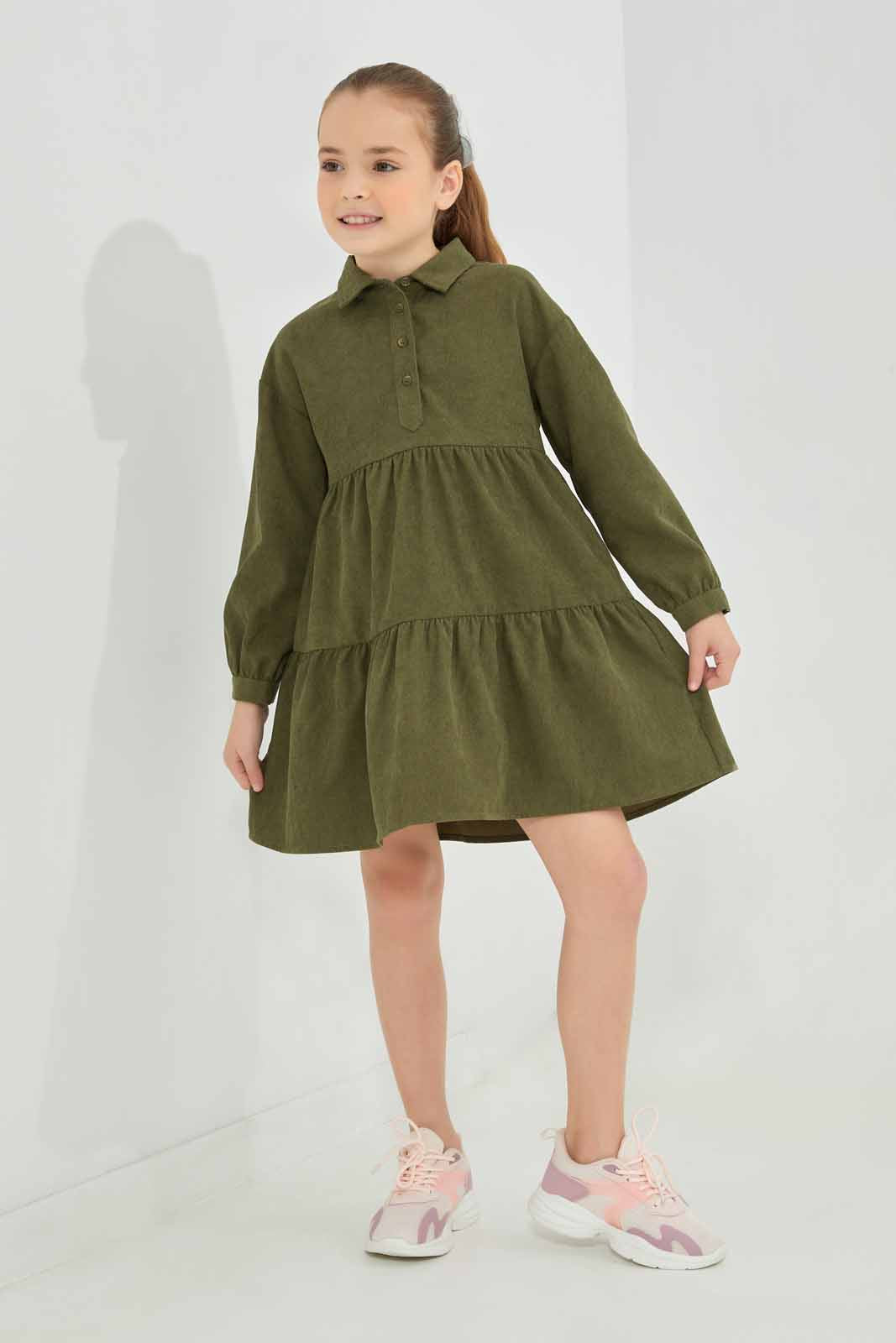 Redtag-Olive-Long-Sleeve-Cord-Maxi-Dress-Category:Dresses,-Colour:Olive,-Deals:New-In,-Dept:Girls,-Filter:Girls-(2-to-8-Yrs),-GIR-Dresses,-New-In-GIR-APL,-Non-Sale,-Section:Girls-(0-to-14Yrs),-W22B-Girls-2 to 8 Years