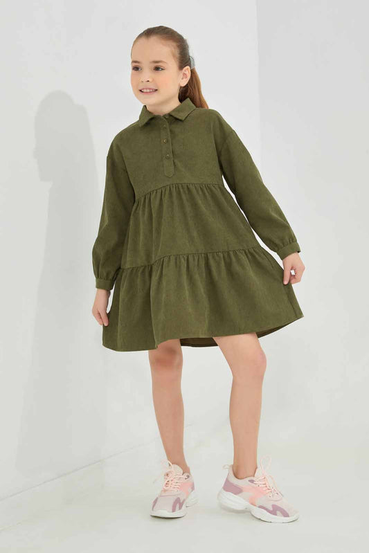 Redtag-Olive-Long-Sleeve-Cord-Maxi-Dress-Category:Dresses,-Colour:Olive,-Deals:New-In,-Dept:Girls,-Filter:Girls-(2-to-8-Yrs),-GIR-Dresses,-New-In-GIR-APL,-Non-Sale,-Section:Girls-(0-to-14Yrs),-W22B-Girls-2 to 8 Years