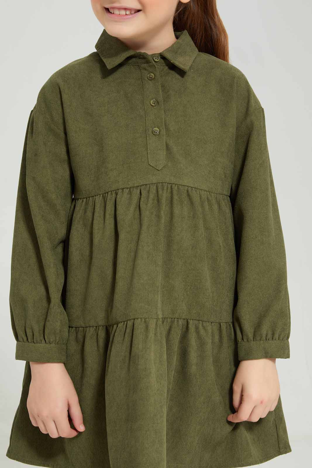 Redtag-Olive-Long-Sleeve-Cord-Maxi-Dress-Category:Dresses,-Colour:Olive,-Deals:New-In,-Dept:Girls,-Filter:Girls-(2-to-8-Yrs),-GIR-Dresses,-New-In-GIR-APL,-Non-Sale,-Section:Girls-(0-to-14Yrs),-W22B-Girls-2 to 8 Years