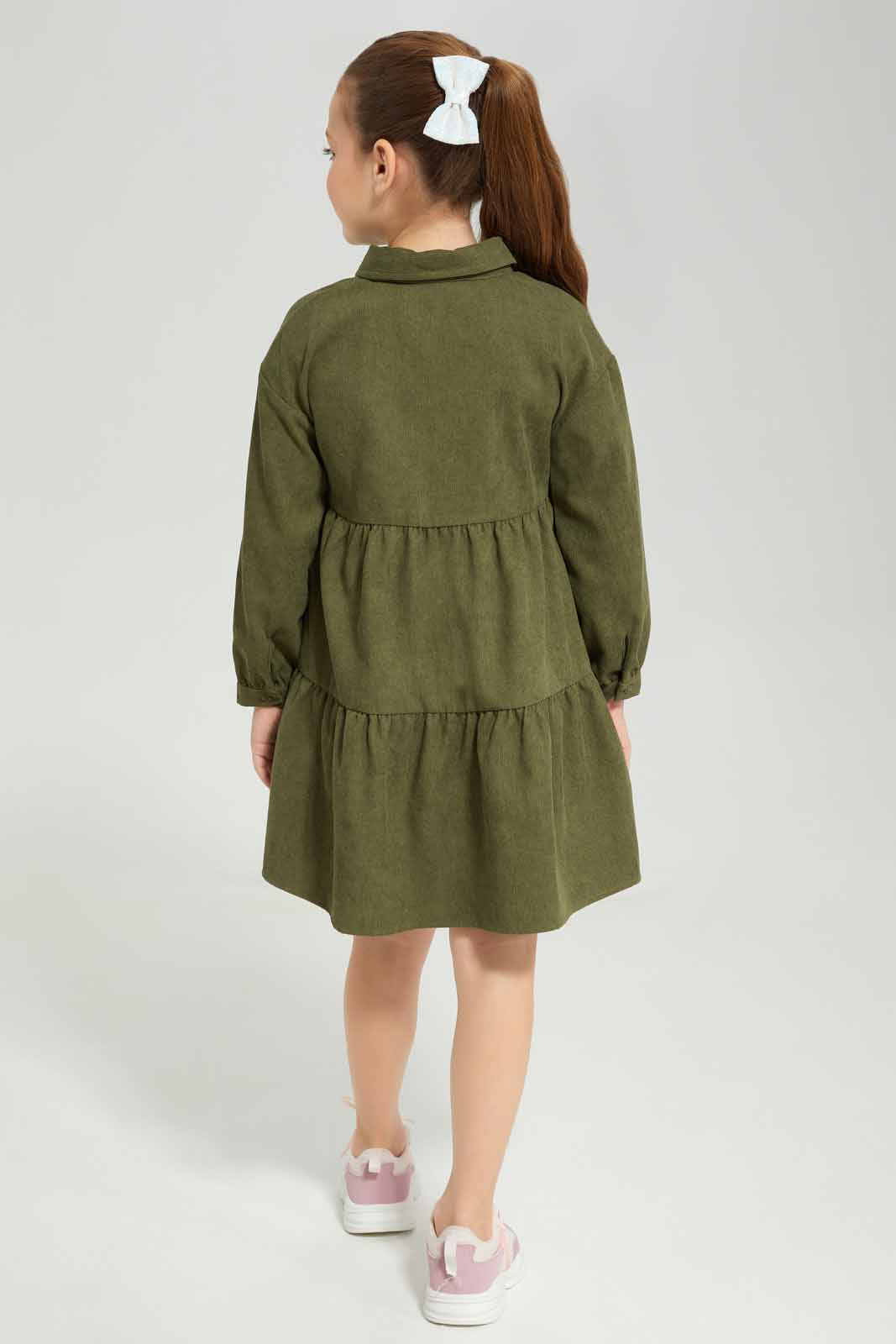 Redtag-Olive-Long-Sleeve-Cord-Maxi-Dress-Category:Dresses,-Colour:Olive,-Deals:New-In,-Dept:Girls,-Filter:Girls-(2-to-8-Yrs),-GIR-Dresses,-New-In-GIR-APL,-Non-Sale,-Section:Girls-(0-to-14Yrs),-W22B-Girls-2 to 8 Years