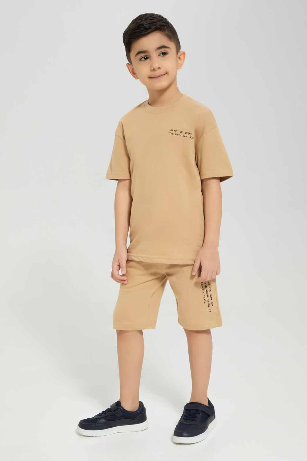 Redtag-Brown-Future-Print-T-shirt-And-Shorts-Set-BOY-Sets,-Category:Sets,-Colour:Brown,-Deals:New-In,-Filter:Boys-(2-to-8-Yrs),-New-In-BOY-APL,-Non-Sale,-Section:Boys-(0-to-14Yrs),-W22A-Boys-2 to 8 Years