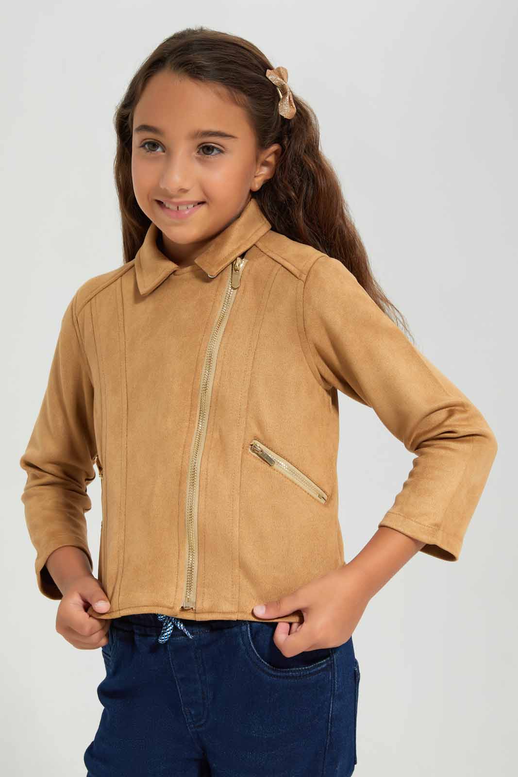 Redtag-Beige-Biker-Jacket-Category:Jackets,-Colour:Beige,-Deals:New-In,-Filter:Girls-(2-to-8-Yrs),-GIR-Jackets,-New-In-GIR-APL,-Non-Sale,-Section:Girls-(0-to-14Yrs),-W22B-Girls-2 to 8 Years