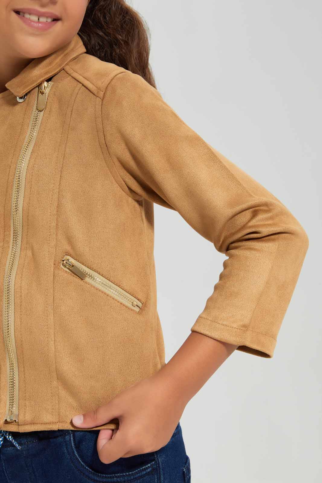 Redtag-Beige-Biker-Jacket-Category:Jackets,-Colour:Beige,-Deals:New-In,-Filter:Girls-(2-to-8-Yrs),-GIR-Jackets,-New-In-GIR-APL,-Non-Sale,-Section:Girls-(0-to-14Yrs),-W22B-Girls-2 to 8 Years