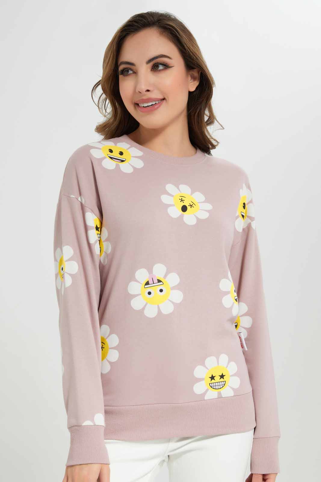 Redtag-Dusty-Pink-Emoji-Allover-Printed-Character-Sweatshirt-Category:Sweatshirts,-Colour:Apricot,-Deals:New-In,-Filter:Women's-Clothing,-New-In-Women-APL,-Non-Sale,-Section:Women,-TBL,-W22B,-Women-Sweatshirts-Women's-