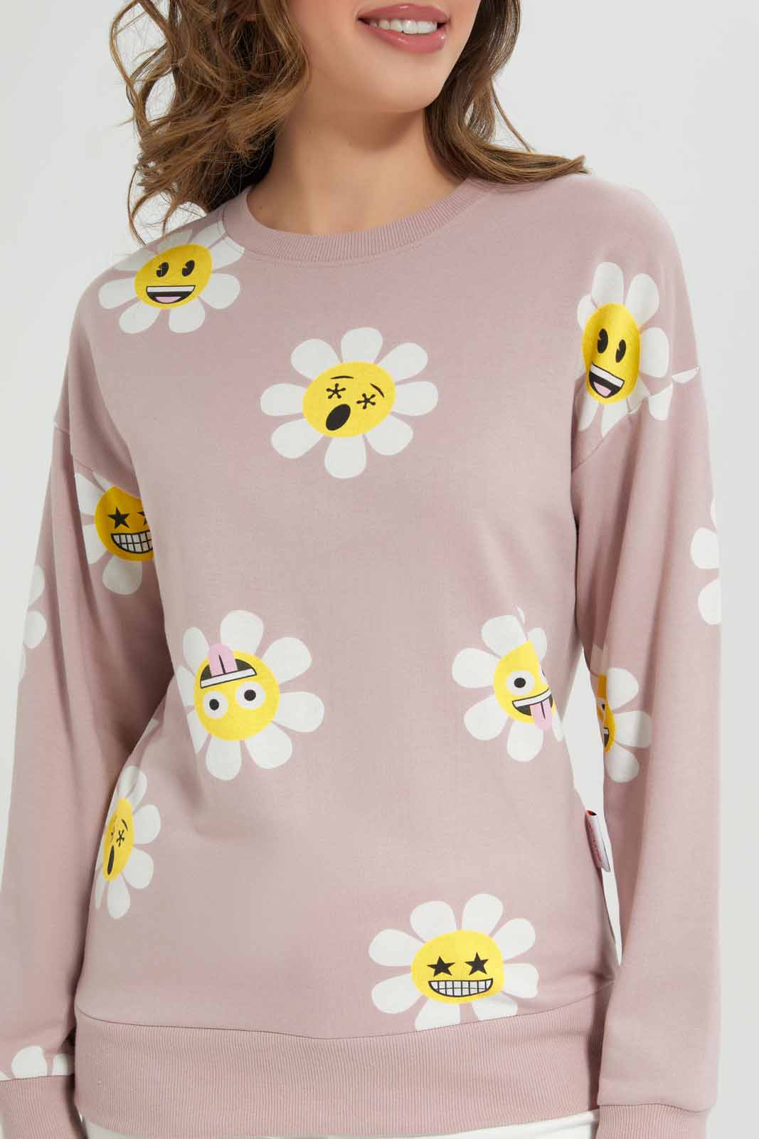 Redtag-Dusty-Pink-Emoji-Allover-Printed-Character-Sweatshirt-Category:Sweatshirts,-Colour:Apricot,-Deals:New-In,-Filter:Women's-Clothing,-New-In-Women-APL,-Non-Sale,-Section:Women,-TBL,-W22B,-Women-Sweatshirts-Women's-